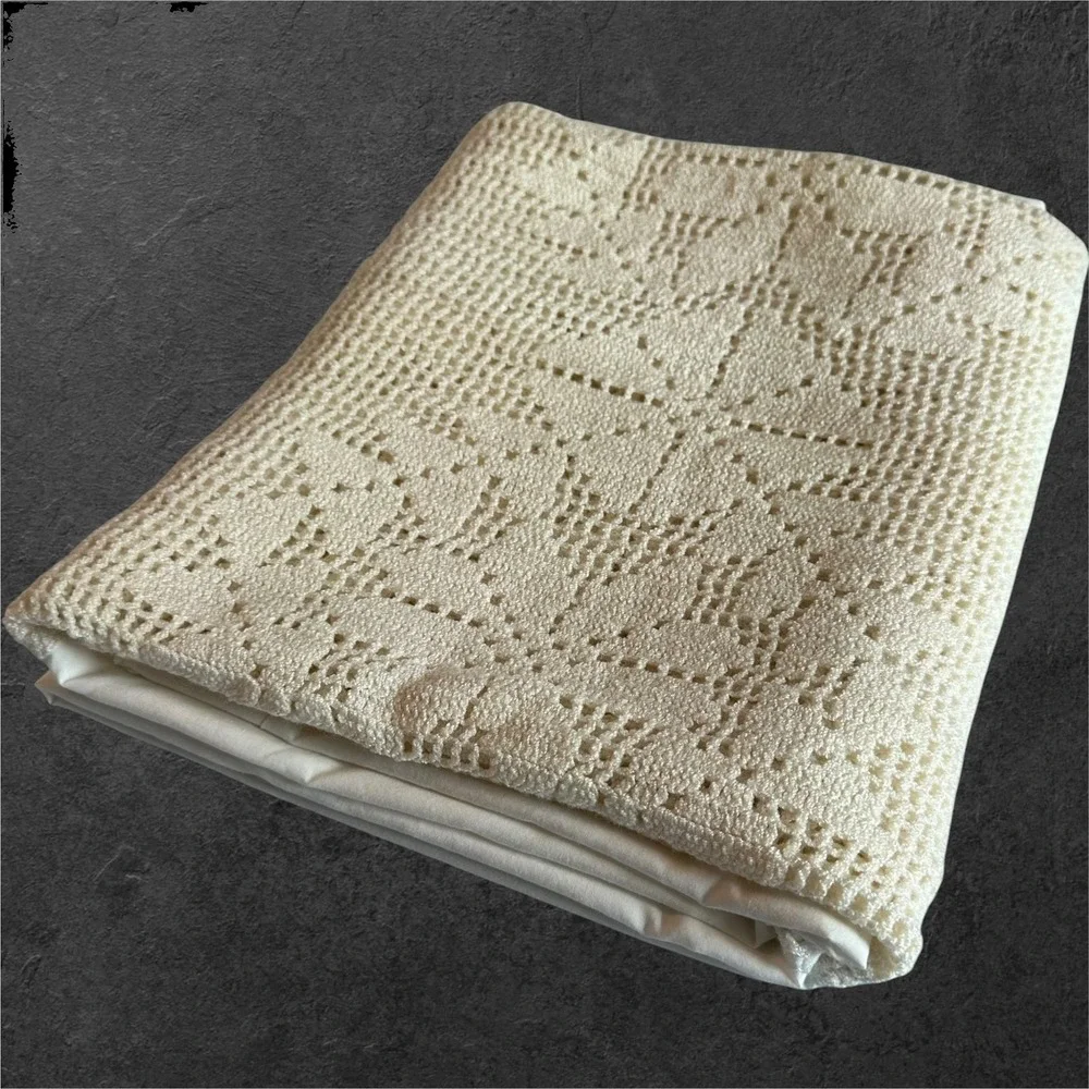 Vintage‎ White/Cream Crochet Panel Tablecloth Lace Edge Cottage Farmhouse 54x80